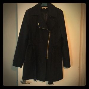 Black asymmetrical pea coat with shimmer